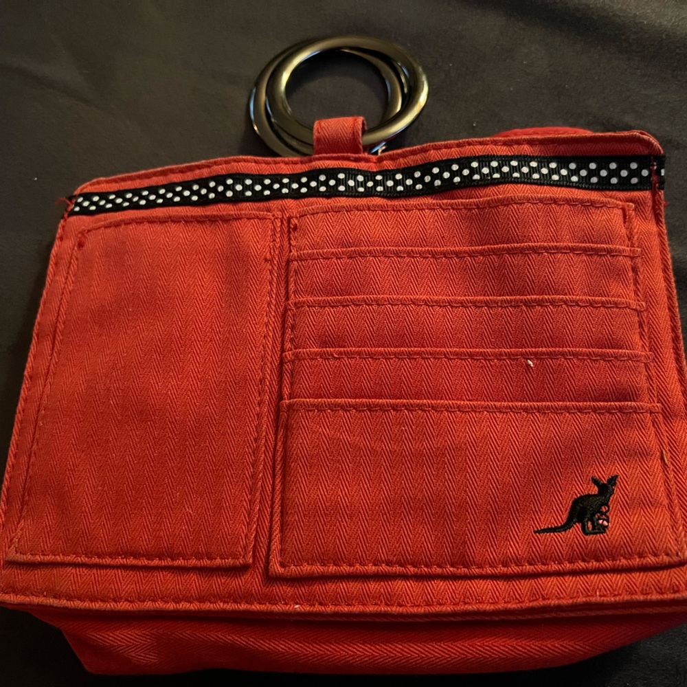 Pouchee Purse Organizer Wallet Red Canvas Polka Dot Trim Kangaroo Logo
